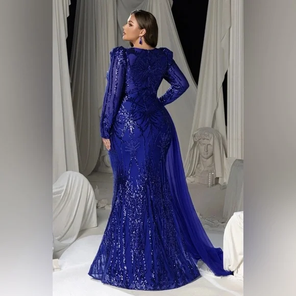 NWOT FAERIESTY SZ 3XL (18) ROYAL BLUE Elegant Sequined Gown With Sheer Overlay - Picture 7 of 10